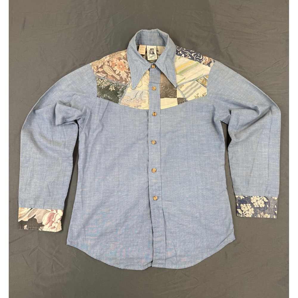Vintage Kennington California Mens Blue Patchwork Western Shirt Medium 70s Boho